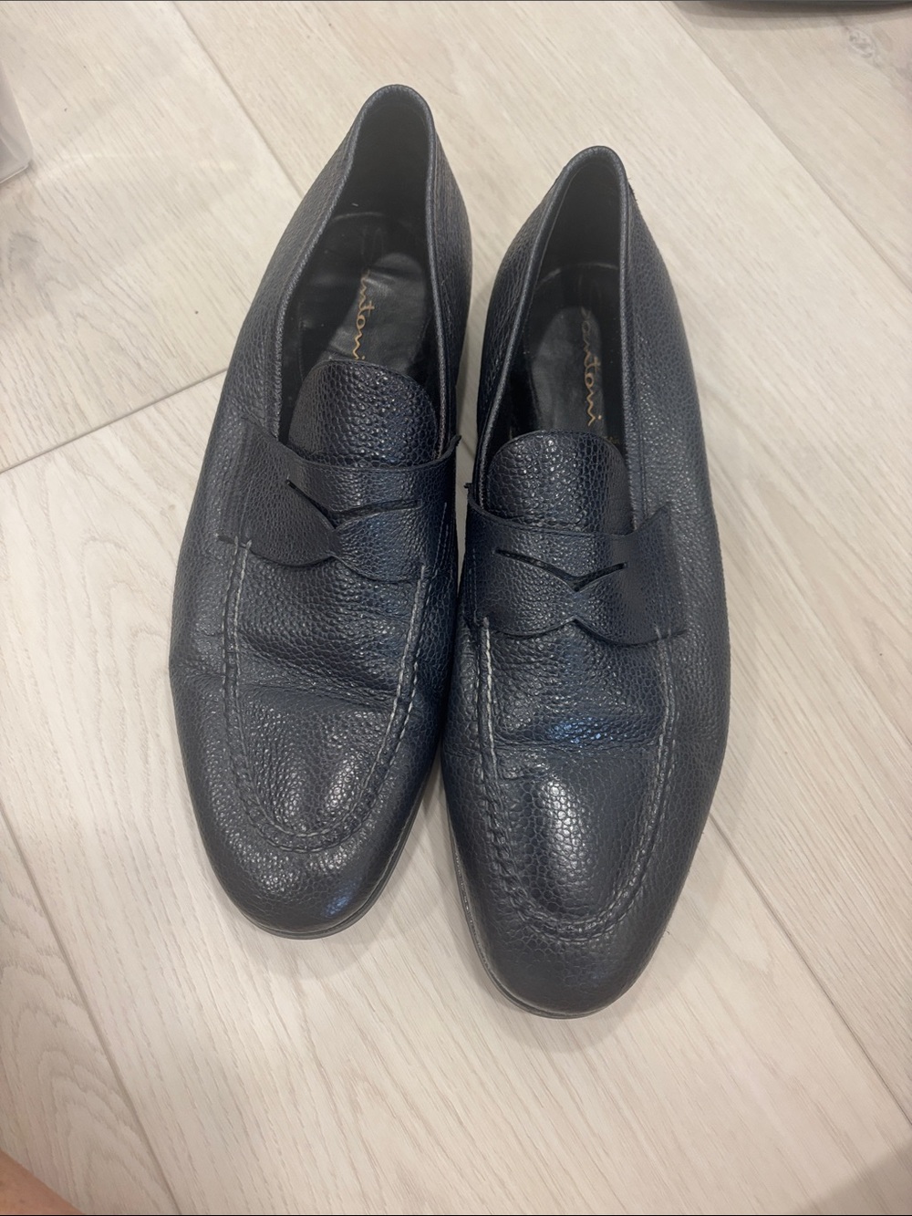 Santoni Black Pebbled Leather Penny Loafers